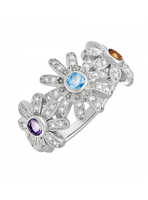 Серебряное кольцо с полудрагоценными вставками и фианитом № 131470