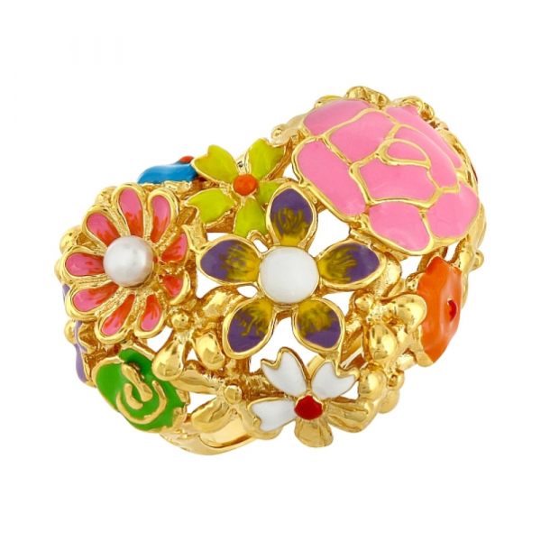 Серебряное кольцо с имит. жемчуга,эмалью и зол.покрытием. № 106191