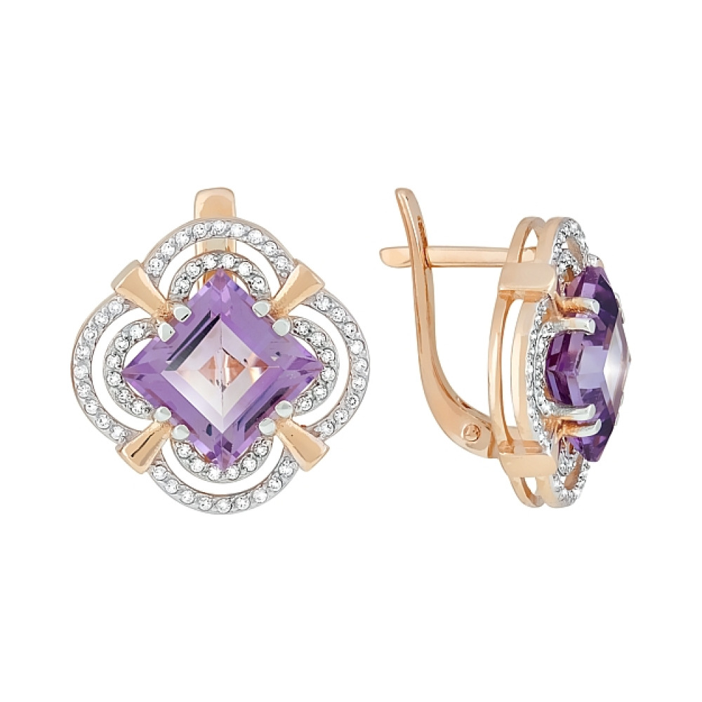 Золотые серьги с аметистом и фианитом № 118872