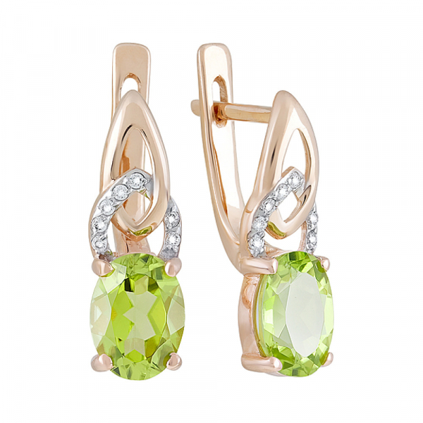 Золотые серьги с хризолитом и фианитом № 124116