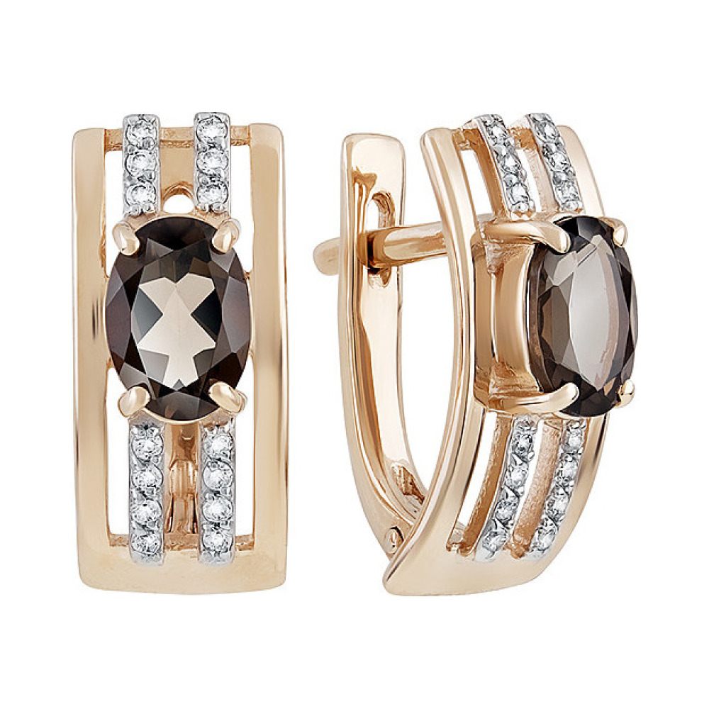 Золотые серьги с раухтопазом и фианитом № 131877