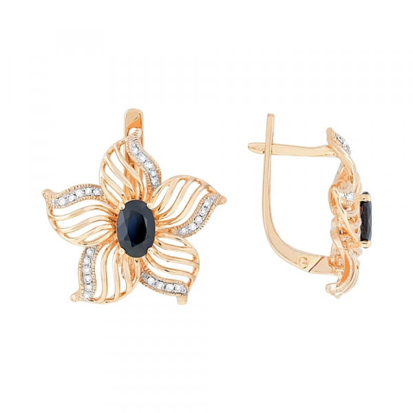 Золотые серьги с бриллиантом и сапфиром № 113716