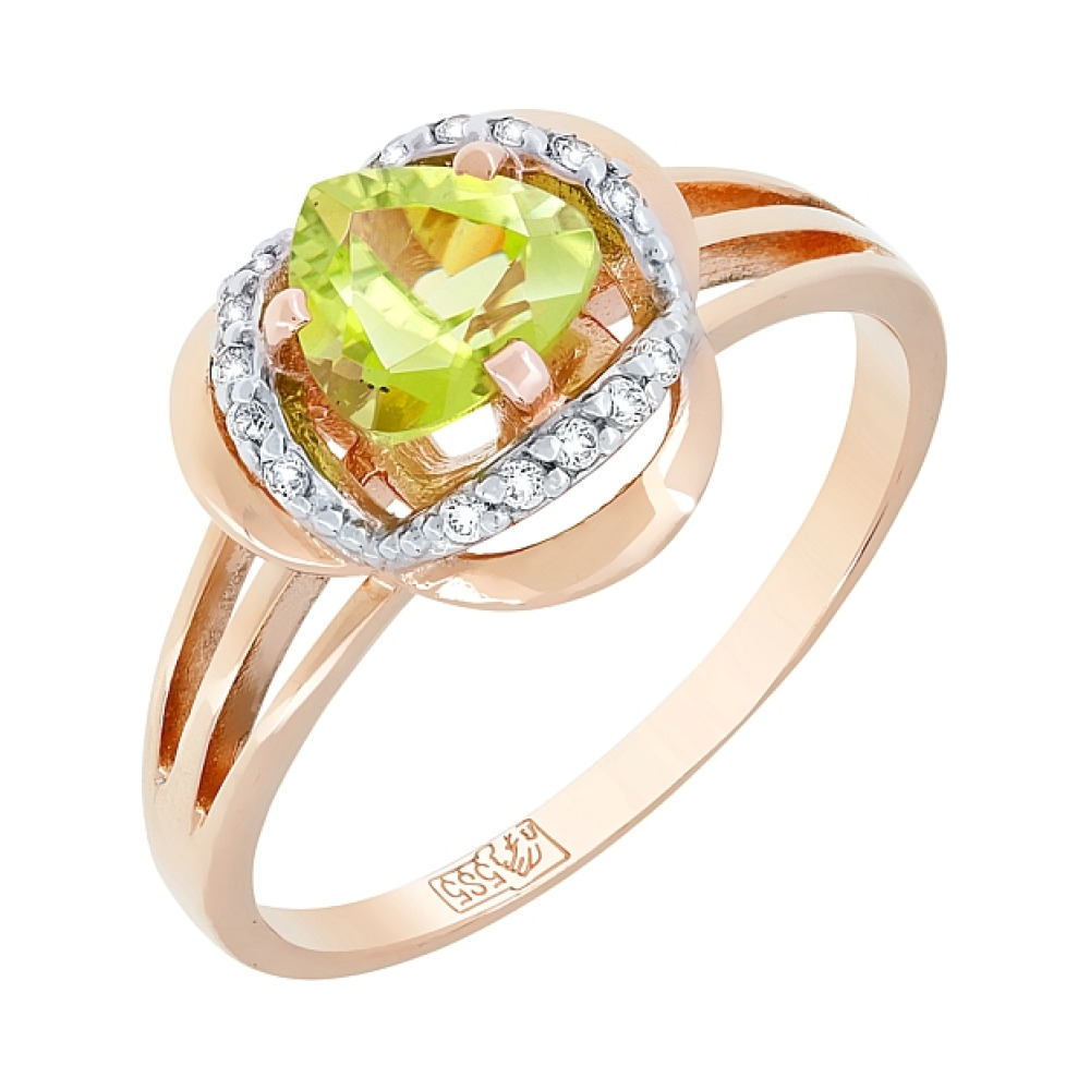 Золотое кольцо с хризолитом и фианитом № 117570