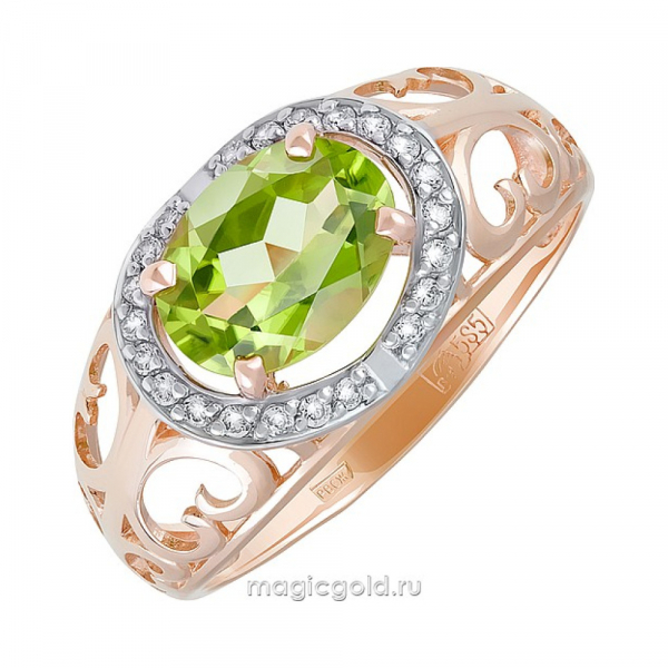 Золотое кольцо с хризолитом и фианитом № 134728