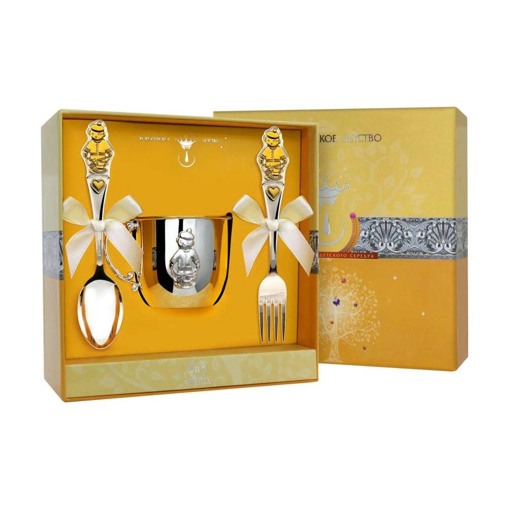 Набор детский КД Мальчик: вилка, кружка, ложка с позолотой из серебра 925 пробы