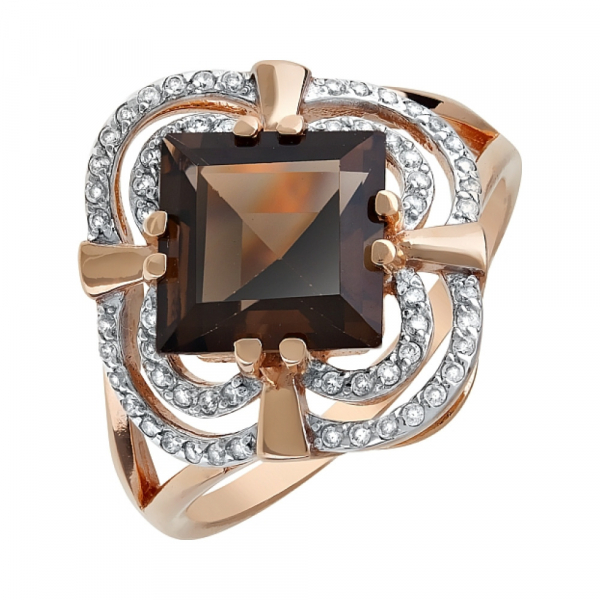 Золотое кольцо с раухтопазом и фианитом № 118864