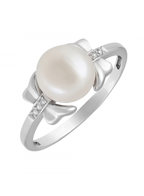 Серебряное кольцо с жемчугом и фианитом № 131612