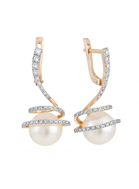 Золотые серьги с жемчугом и фианитом № 126352