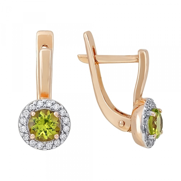 Золотые серьги с хризолитом и фианитом № 104508