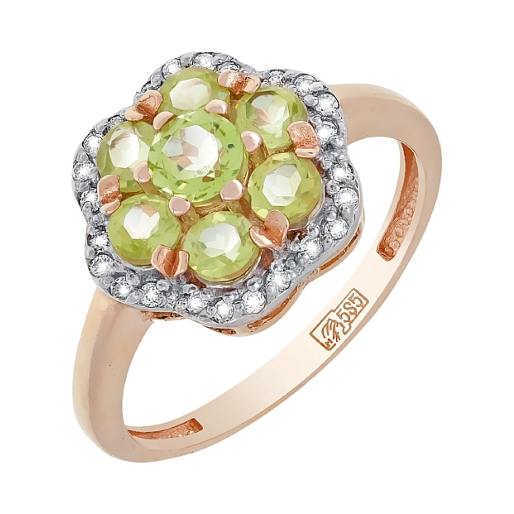 Золотое кольцо с хризолитом и фианитом № 116954