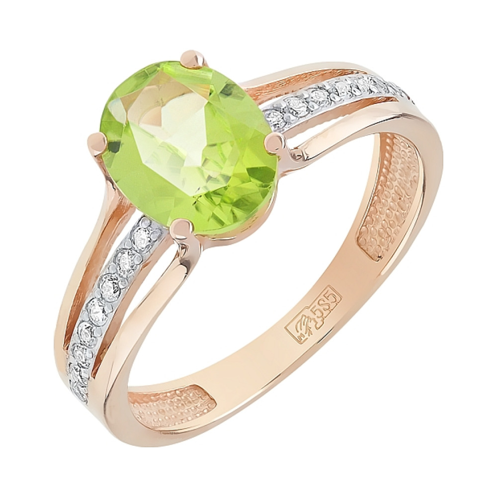 Золотое кольцо с хризолитом и фианитом № 100154