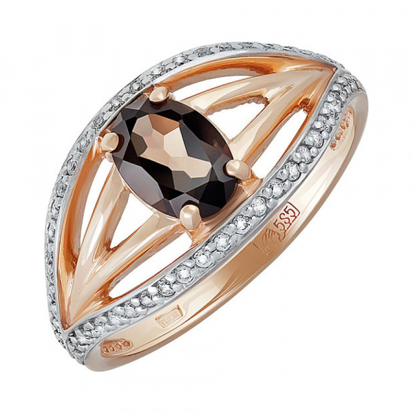 Золотое кольцо с раухтопазом и фианитом № 134859