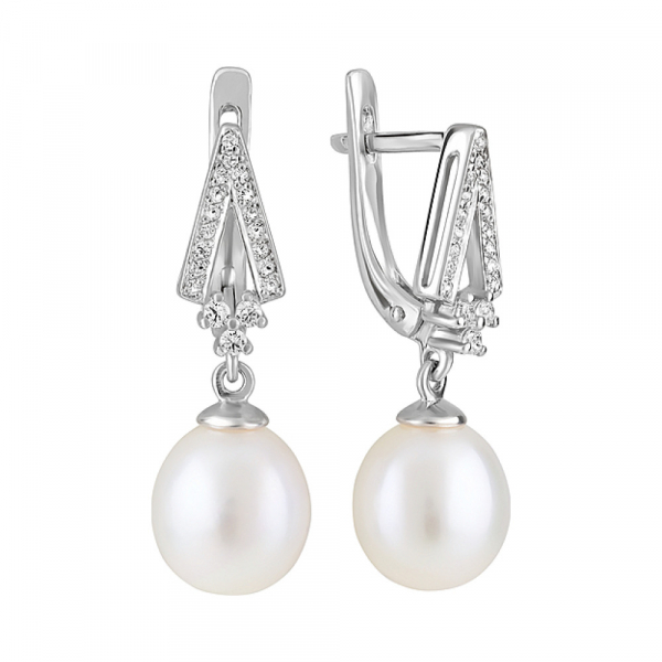 Серебряные серьги с жемчугом и фианитом № 124697