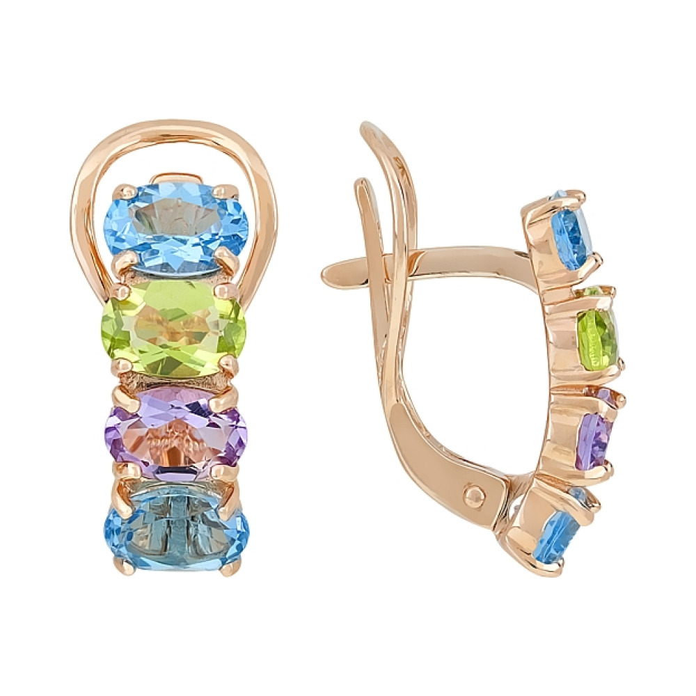 Золотые серьги с аметистом, топазом и хризолитом № 108803