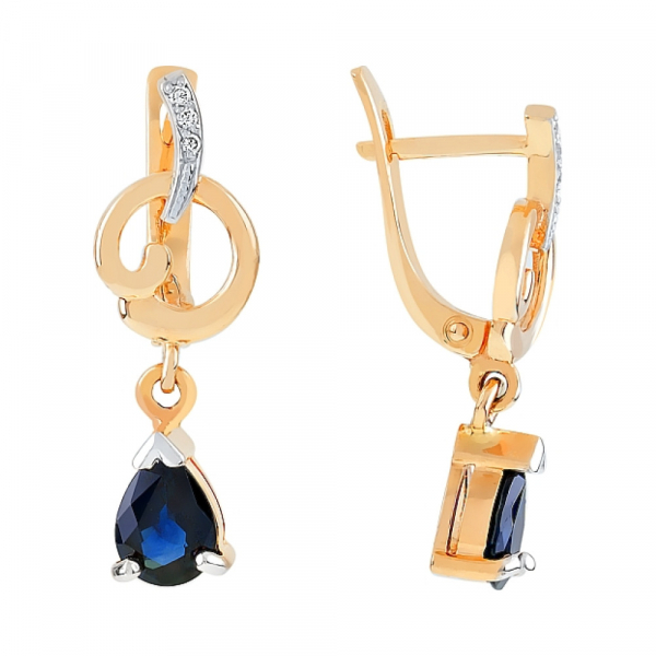 Золотые серьги с бриллиантом и сапфиром № 84891