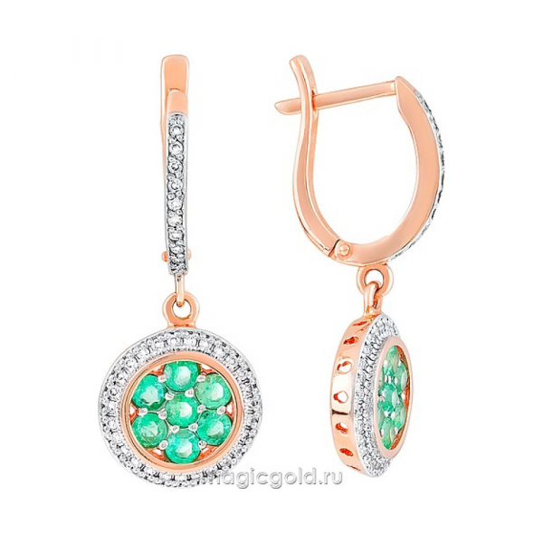 Золотые серьги с бриллиантом и изумрудом № 113301