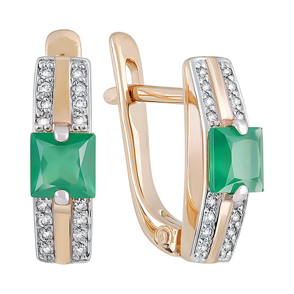 Золотые серьги с зеленым ониксом и фианитом № 133073
