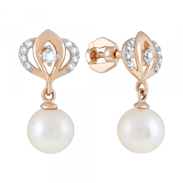 Золотые серьги с жемчугом и фианитом № 120731