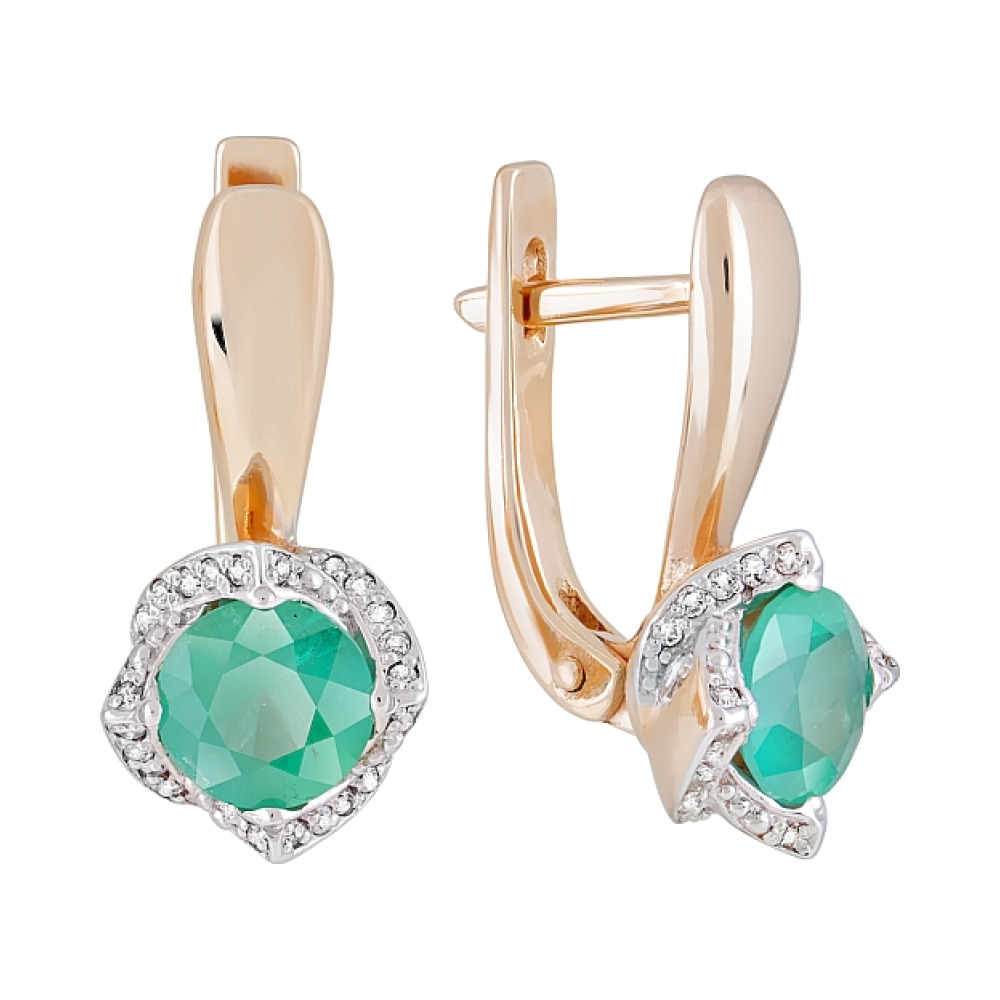 Золотые серьги с бриллиантом и изумрудом № 121188