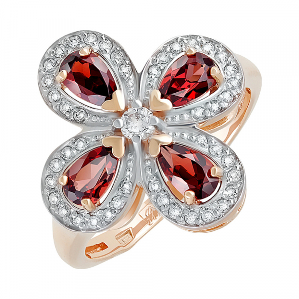 Золотое кольцо с гранатом и фианитом № 128477