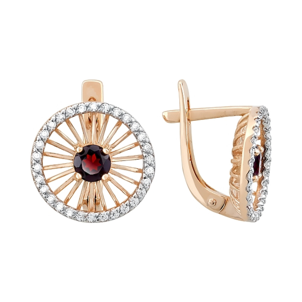 Золотые серьги с гранатом и фианитом № 116505