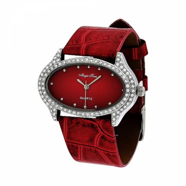 Часы кварцевые Magic Time с фианитами  на красном ремешке № 100689