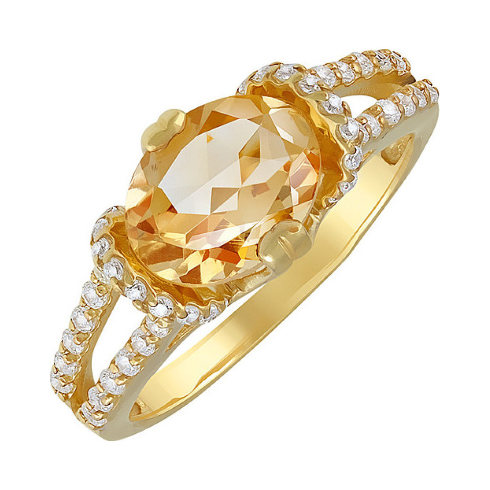 Серебряное кольцо с цитрином, фианитом и золотым покрытием № 133928