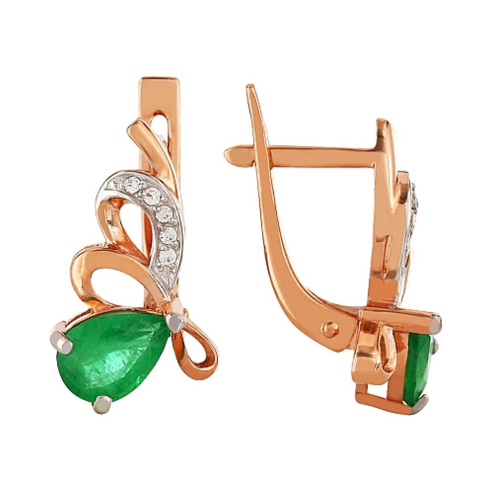 Золотые серьги с бриллиантом и изумрудом № 96906
