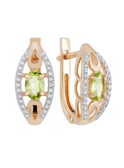 Золотые серьги с хризолитом и фианитом № 131903