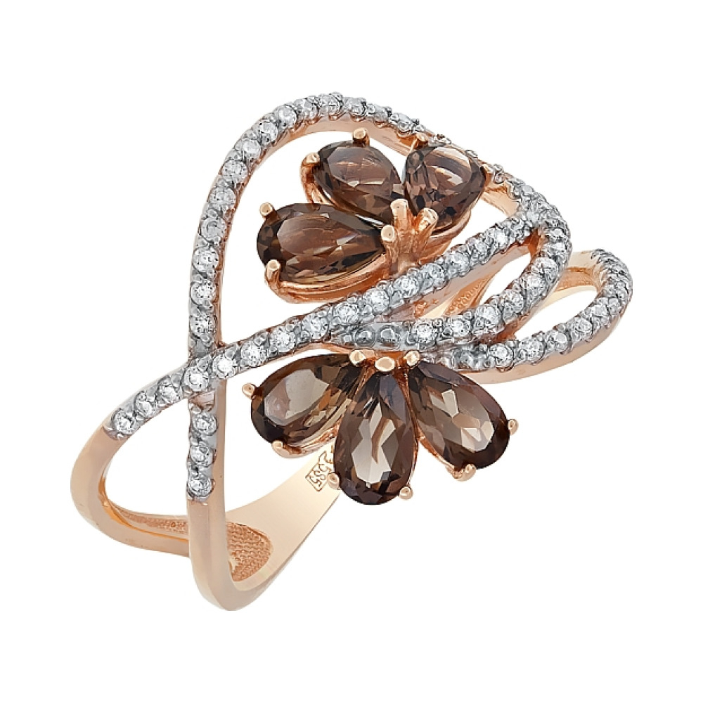 Золотое кольцо с раухтопазом и фианитом № 105457