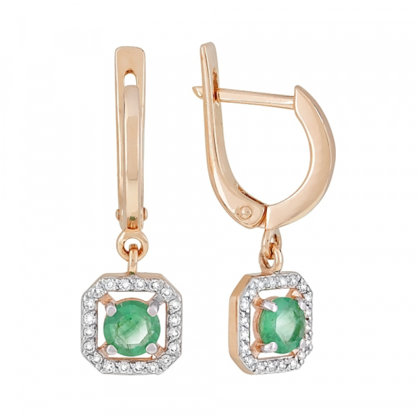 Золотые серьги с бриллиантом и изумрудом № 119185