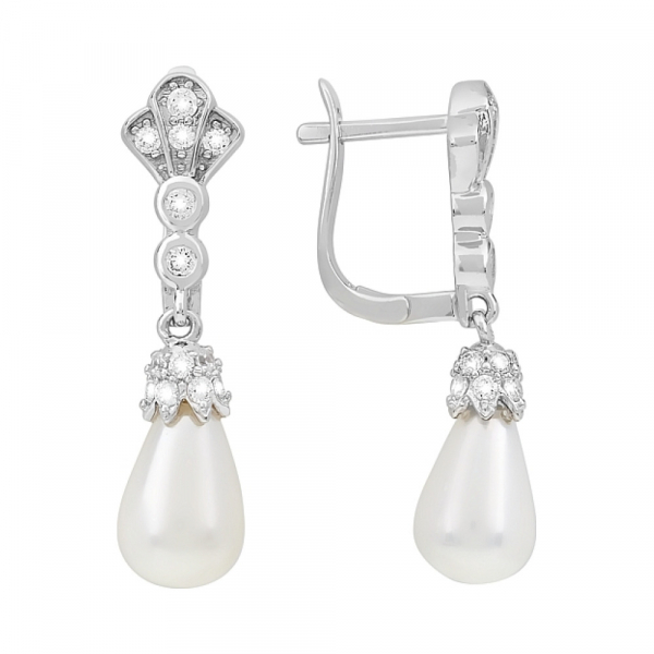 Серебряные серьги с фианитом и имитац.жемчуга № 117460