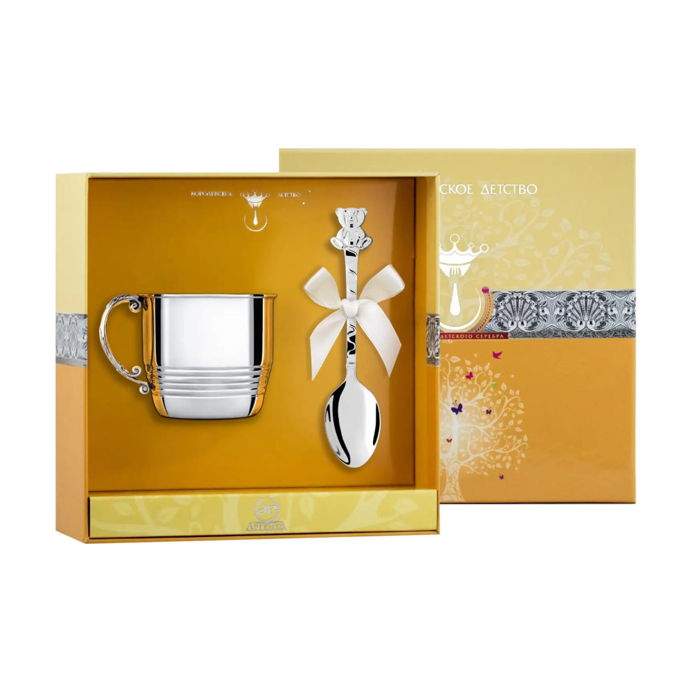 Набор детский КД Медведь: кружка и ложка из серебра 925 пробы