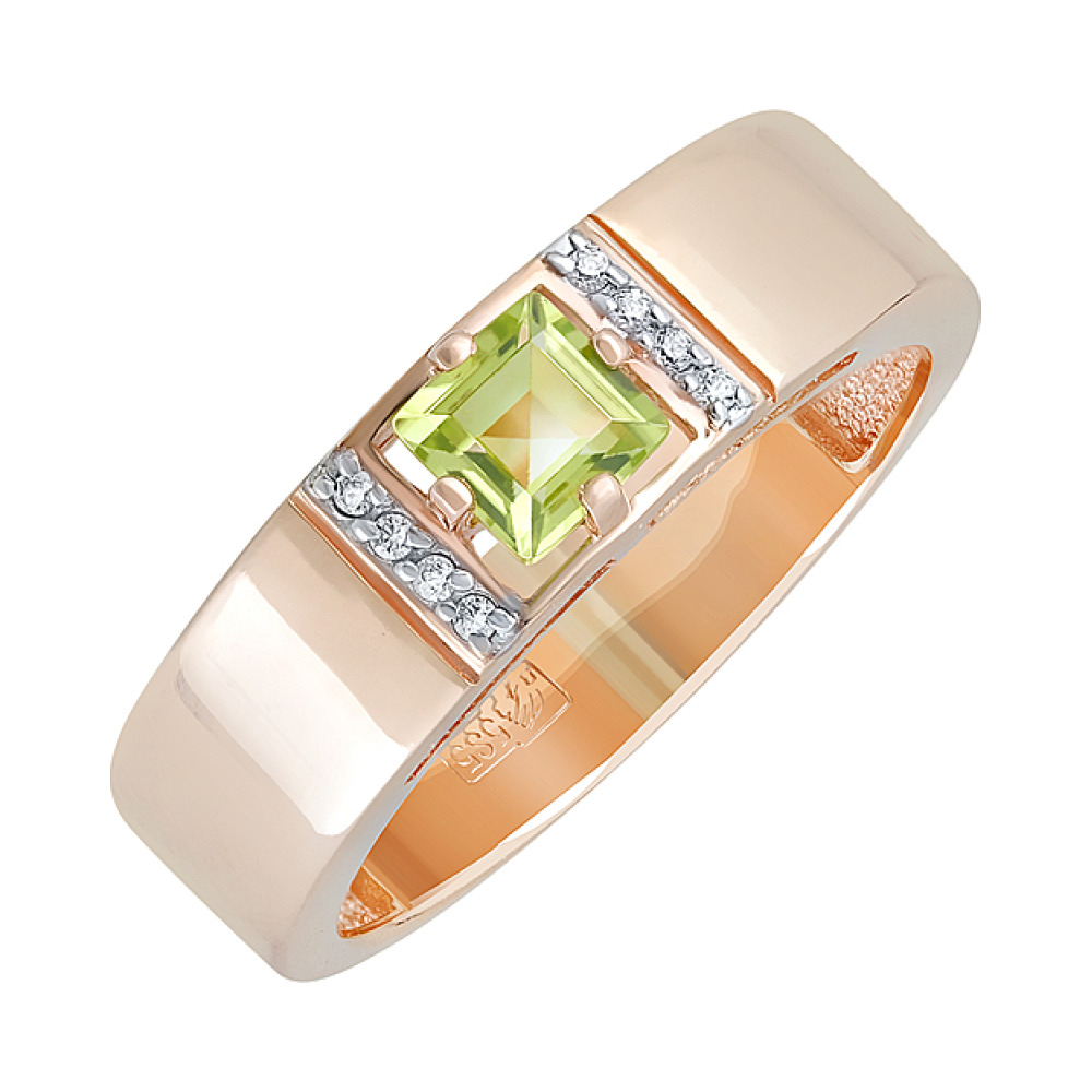 Золотое кольцо с хризолитом и фианитом № 129389