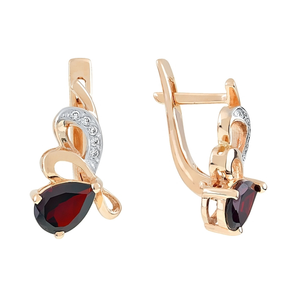 Золотые серьги с гранатом и фианитом № 96889