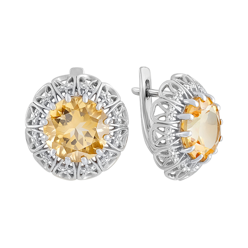Серебряные серьги с цитрином и фианитом № 129610