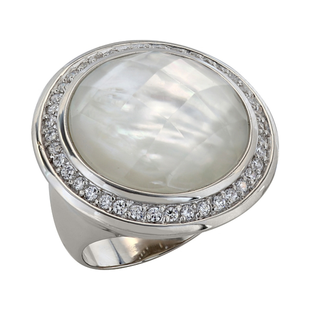 Серебряное кольцо с фианитом и перламутром № 99445