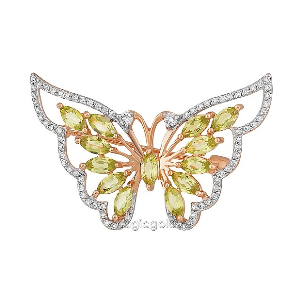 Золотая брошь с хризолитом и фианитом № 164306