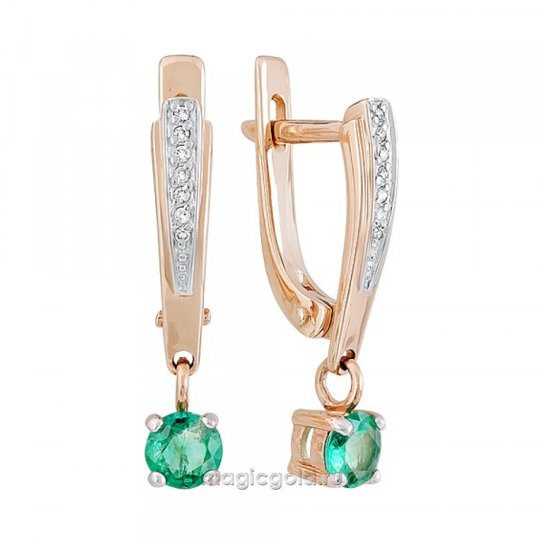 Золотые серьги с бриллиантом и изумрудом № 139272