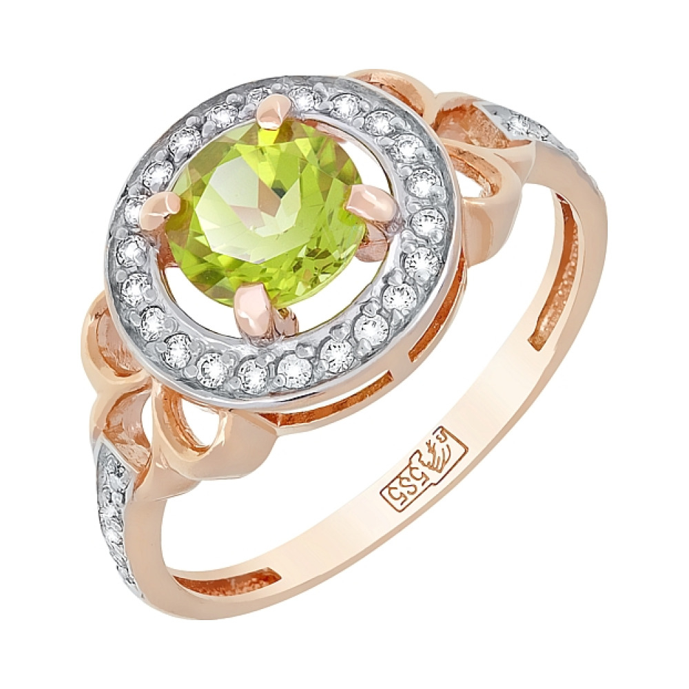 Золотое кольцо с хризолитом и фианитом № 117572