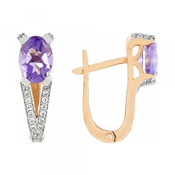 Золотые серьги с аметистом и фианитом № 100303
