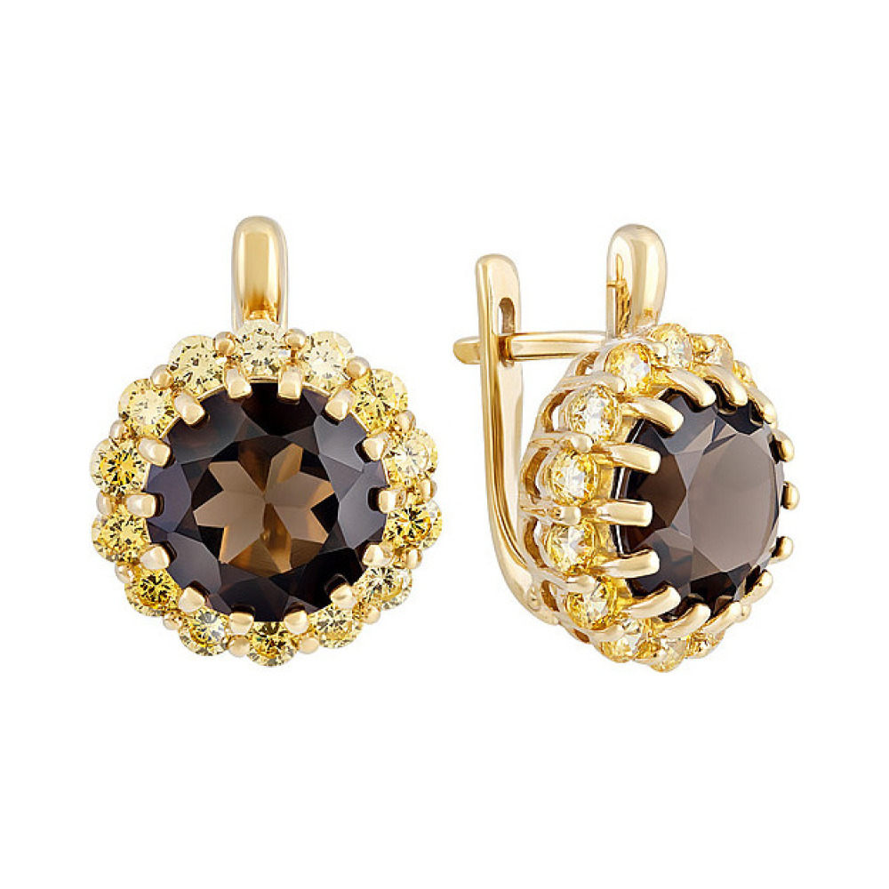 Серебряные серьги с раухтопазом . фианитом и золот.покрытием № 132719