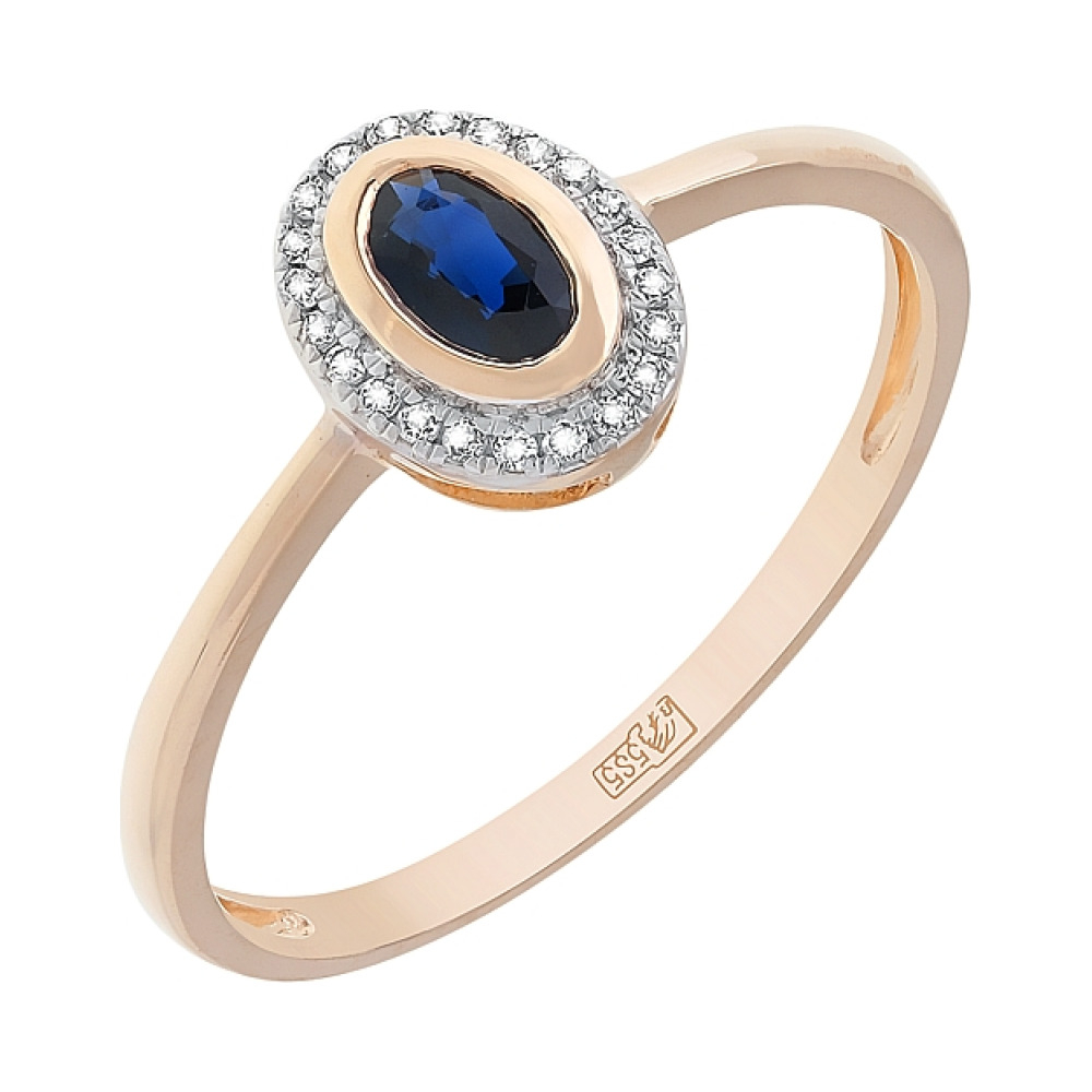 Золотое кольцо с бриллиантами и сапфиром № 112841