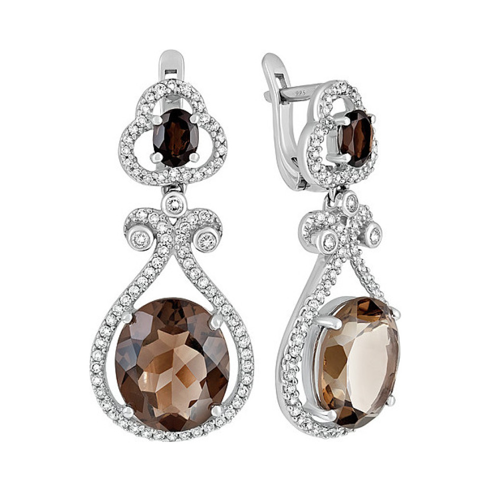 Серебряные серьги с раухтопазом и цирконием № 120394