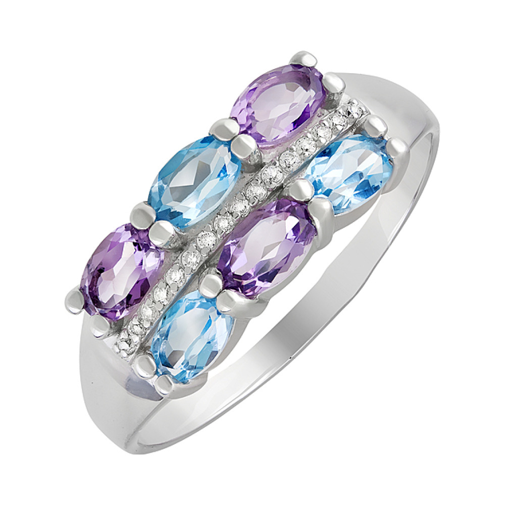 Серебряное кольцо с полудрагоценными вставками и фианитом № 131466