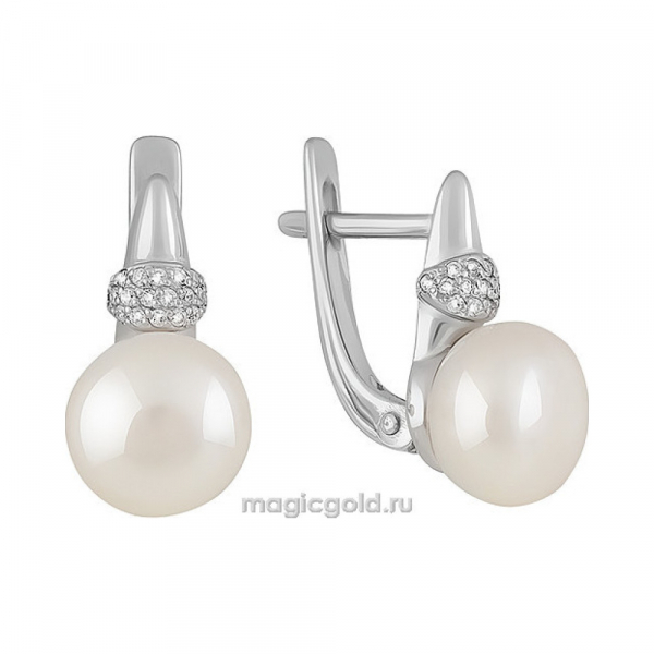 Серебряные серьги с жемчугом и фианитом № 151356