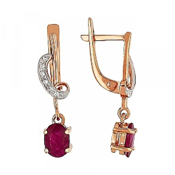 Золотые серьги с бриллиантом и рубином № 100112