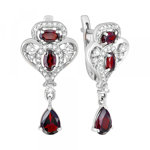 Серебряные серьги с гранатом и фианитом № 126923
