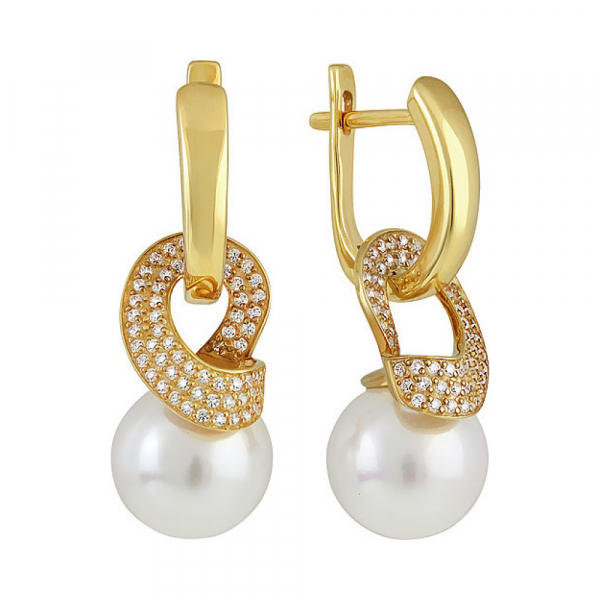 Серебряные серьги с перламутровым жемчугом, фианитом и золотым покрытием № 134315