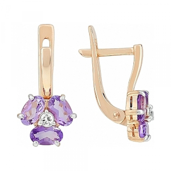 Золотые серьги с аметистом и фианитом № 114841